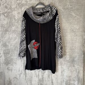 Ali Miles Tunic Top Plus Size 2X Cowl Neck Black Artsy Lagenlook